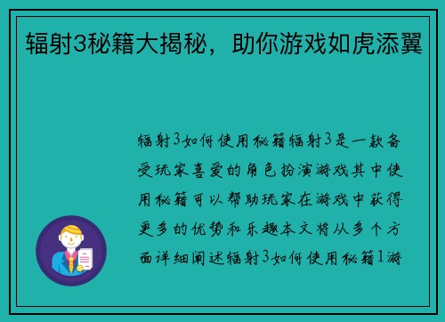 辐射3秘籍大揭秘，助你游戏如虎添翼