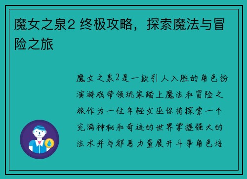 魔女之泉2 终极攻略，探索魔法与冒险之旅